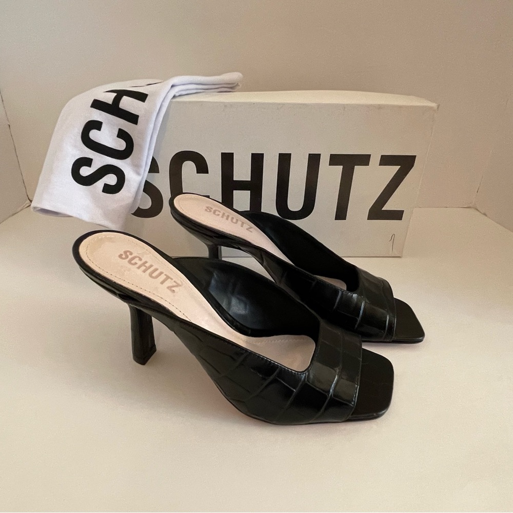 SCHUTZ Women’s ‘Agape’ Leather Open Toe Slide Heels